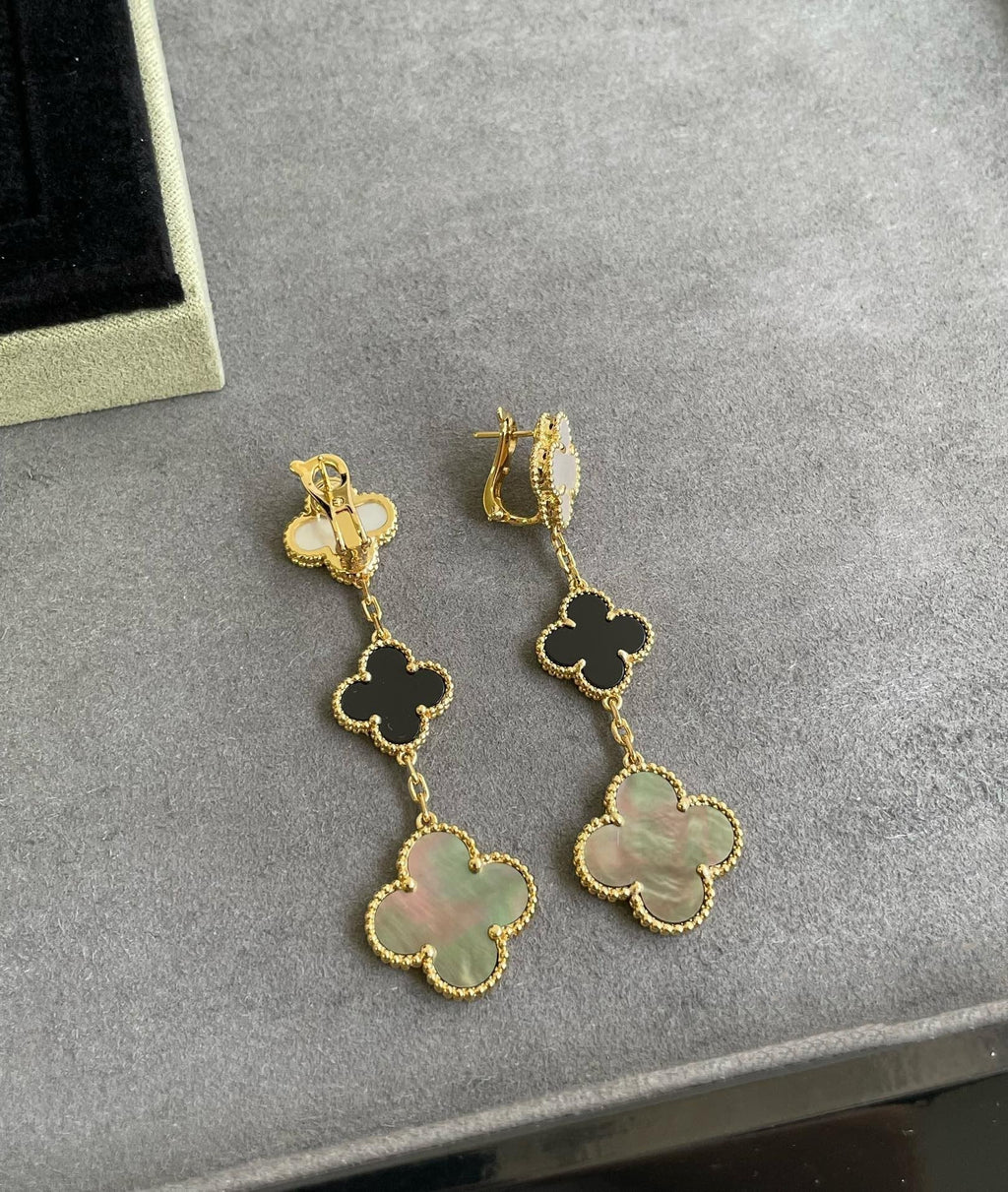 TimiCLOVER 3 MOTIF MOP ONYX DARK MOP PINK GOLD EARRINGS