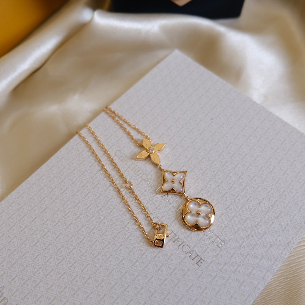 TimiCOLOR BLOSSOM LARIAT NECKLACE PINK GOLD WHITE MOTHER PEARL AND DIAMOND