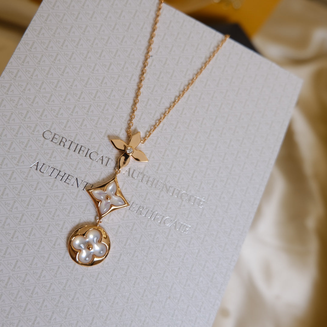 TimiCOLOR BLOSSOM LARIAT NECKLACE PINK GOLD WHITE MOTHER PEARL AND DIAMOND