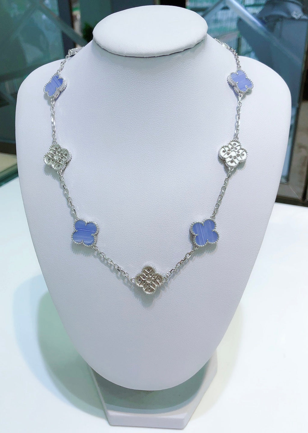 TimiCLOVER 10 MOTIFS CHALCEDONY DIAMONDS SILVER NECKLACE