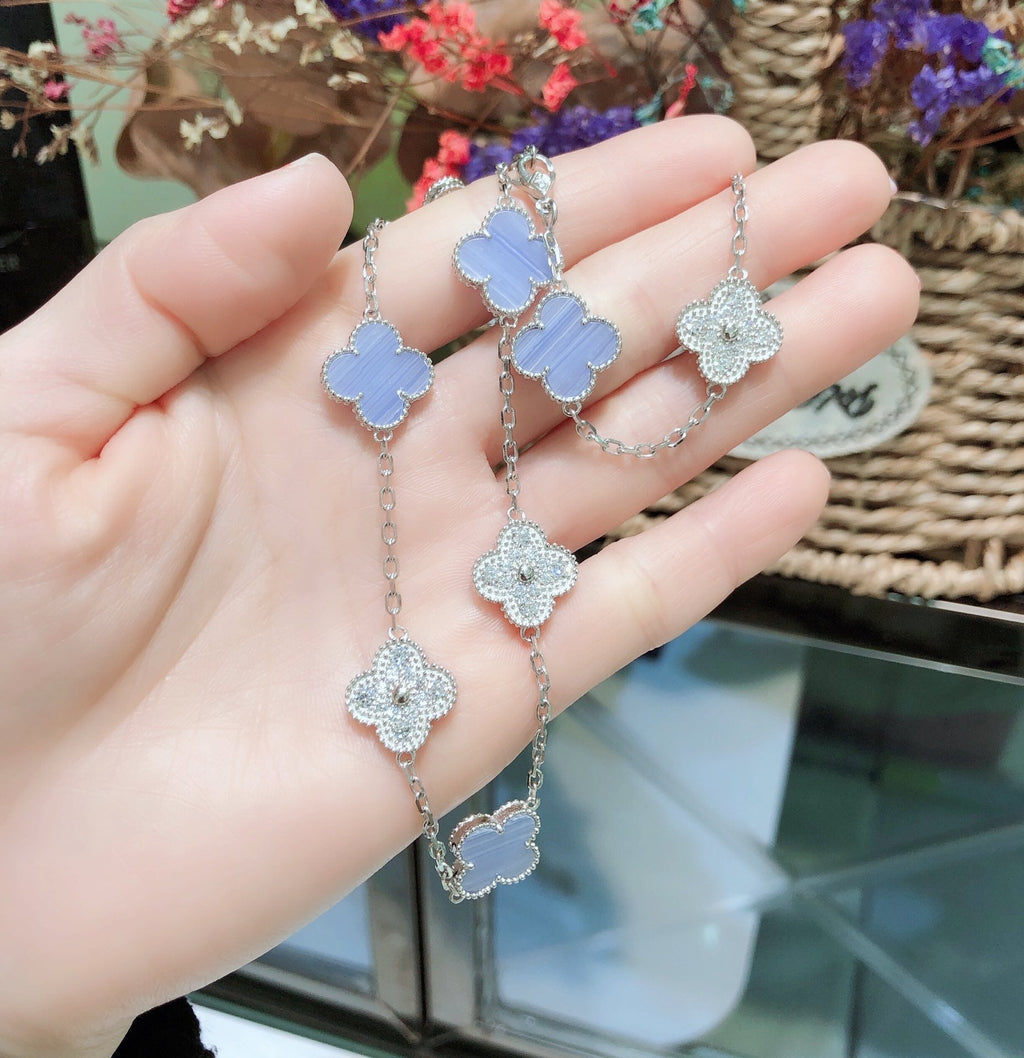 TimiCLOVER 10 MOTIFS CHALCEDONY DIAMONDS SILVER NECKLACE