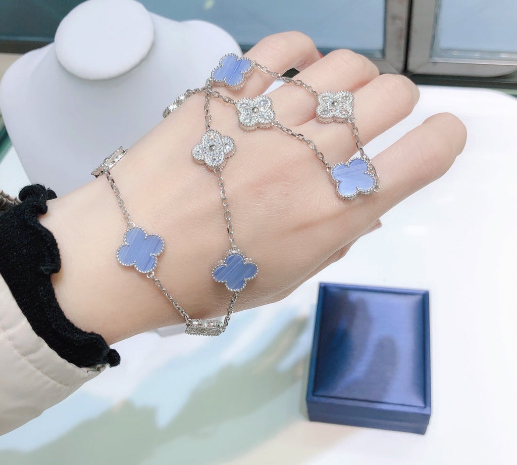 TimiCLOVER 10 MOTIFS CHALCEDONY DIAMONDS SILVER NECKLACE